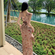 女士连衣裙长裙露背收腰V领莫奈花园油画与玫瑰连衣裙高腰夏长裙
