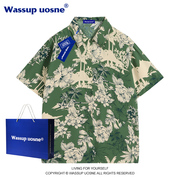 WASSUP夏威夷印花衬衫男士夏薄款宽松复古港风设计感短袖情侣衬衣
