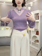 紫色蕾丝长袖针织打底衫上衣，2023别致时尚洋气，时髦国盘扣毛衣