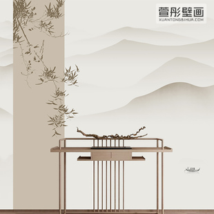 现代中式淡雅远山竹子直播背景，墙纸壁布书房客厅，卧室装饰定制壁画