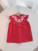 2023夏季童装儿童纯棉红色，绣花衬衫无袖，上衣短袖绣花裙