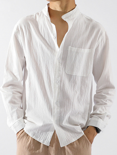 夏季亚麻衬衫男长袖修身休闲薄款纯色日系复古工装，防晒棉麻料衬衣