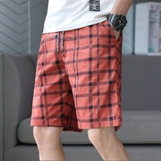 纯棉红色格子五分裤男士夏季薄款中裤子时尚潮流韩版直筒休闲短裤
