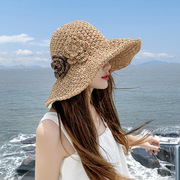 夏天草帽女夏沙滩帽子，花朵可折叠防晒遮阳帽度假防晒编织遮阳帽女