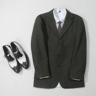 男装西服墨绿色量身 哈里斯粗纺羊毛呢子西装外套三粒单排扣