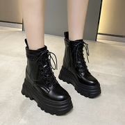 欧洲站马丁靴女2023秋季薄款网红小众内增高短靴，中筒瘦瘦女靴