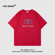 FOG EMMA红色夏季潮牌字母印花T恤男女同款设计感宽松纯棉短袖