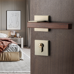 新中式房门锁分体卧室门锁，室内磁吸木，门锁静音房间青古铜家用锁具