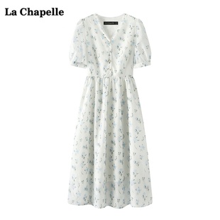 拉夏贝尔/La Chapelle国风碎花短袖连衣裙女夏显瘦中长款裙子