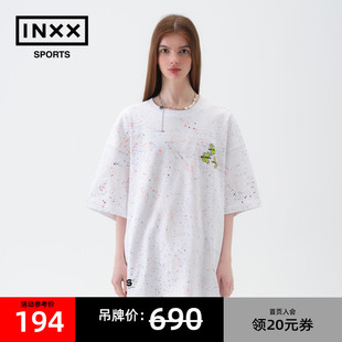 issbyinxxsports潮牌个性，泼墨短袖仙人掌印花宽松t恤男女白色