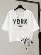 短袖t恤女2021夏季韩版ins潮设计感小众白色绑带宽松短款上衣