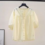 奶黄色上衣衬衫女夏2023法式减龄小清新文艺纯棉设计感娃娃衫