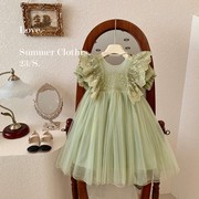 韩国女童连衣裙夏季小女孩绿色，网纱仙女裙，宝宝洋气蕾丝蓬蓬公主裙