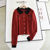 彩系の2022秋季法式小众，撞色温柔风针织，开衫红色复古毛衣外套