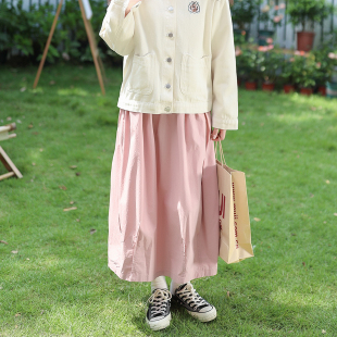 艺野系粉色半身裙女日系小个子工装，裙高腰a字显瘦花苞裙气球裙