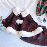 2023韩版女童圣诞节红格子毛呢斗篷短外套冬季外套半裙两件套加厚