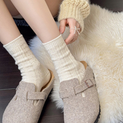 秋冬款米白色小腿袜女加厚保暖羊毛，中筒袜日系甜美条纹堆堆短袜子