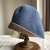 日系蓝色纯羊毛双面澳毛水桶帽子女式气质复古时尚百搭可卷边盆帽