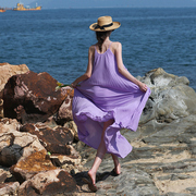 fantasmeet紫色大摆沙滩裙，海边吊带百褶长裙压褶简约度假风连衣裙