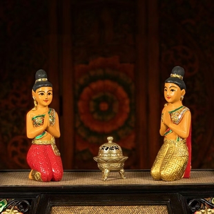 泰国迎宾佛像木雕跪佛玄关，摆件东南亚风情，侍女酒店会所摆件装饰