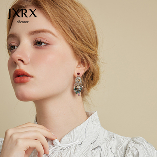 JXRX民族风水晶耳环女复古轻奢彩色耳钉流苏耳坠高级感独特耳饰品