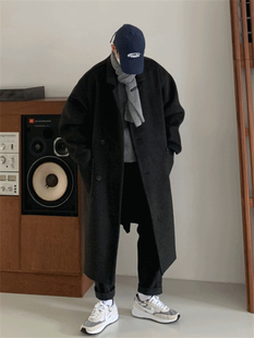 MRDONG韩国男装重工保暖落肩休闲翻领高档长款羊毛呢大衣外套