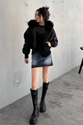 黑色大毛领夹克棉服外套女2023年冬季短上衣时尚保暖潮