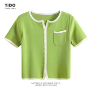 冰丝针织短袖女夏薄款设计感小众绿色上衣2023假开衫短款T恤