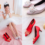 水钻秀禾鞋红色细跟高跟婚鞋新娘，鞋女丝绸缎面小码33伴娘婚纱红鞋