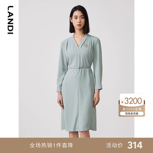 LANDI蓝地V领长袖连衣裙女2023年春季法式小个子收腰雪纺裙子