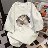 2024夏季美式卡通猫咪印花短袖，t恤女白灰色(白灰色)圆领宽松纯棉上衣