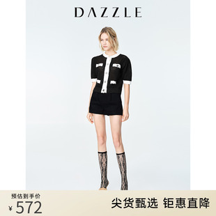 DAZZLE地素奥莱 夏季法式小香风镂空撞色短袖针织开衫上衣女