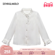 lynnmilo琳麦罗女童衬衫春秋，2024洋气白色缎面荷叶，边儿童长袖衬衣