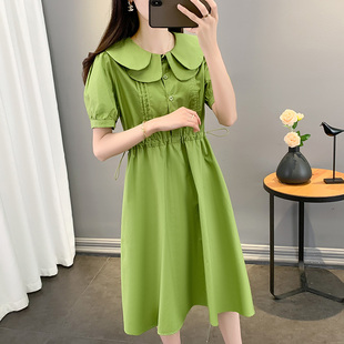 绿色娃娃领连衣裙女2023法式显瘦气质a字小个子裙子夏季女装