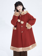 新年战袍圣诞砖红色毛呢大衣女冬季夹棉加厚毛绒连帽拼接呢外套