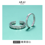 arai原创s999足银糖纸情侣戒指，一对男女宽细小众，设计素圈开口对戒