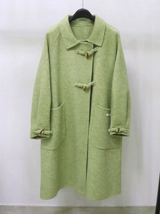 100羊毛 牛油果绿色双面羊毛牛角扣大衣中长款冬季羊毛外套
