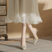 后空凉鞋女2023夏气质(夏气质，)仙女珍珠一字带尖头透明包头高跟鞋6cm