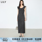 lily2024夏女装(夏女装)浪漫碎花荷叶边领复古气质，修身长款无袖连衣裙