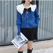 克莱因蓝重工个性针织开衫，女春秋复古法式深蓝色镶钻珍珠毛衣外套