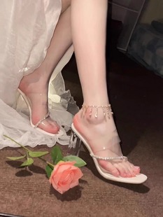 千金小姐~夏天仙女水晶透明高跟鞋，女粗跟水钻，凉鞋白色高跟凉拖鞋