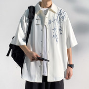 竹子刺绣短袖衬衫男装寸衣学生大码潮牌胖子宽松外套中国风夏季装