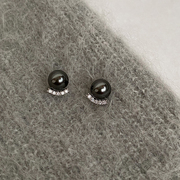 DOUDOUSTORE 黑色笑弧925银针精致弧度黑珍珠耳钉显气质耳环耳饰