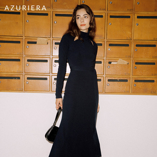 azuriera法式深蓝色天丝，针织连衣裙镂空设计收腰修身长款毛衣裙