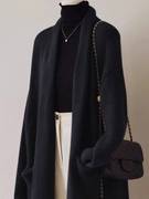 黑色针织开衫女秋冬法式外搭宽松慵懒风高级感气质中长款毛衣外套