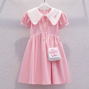 女童连衣裙夏季薄款2024洋气粉色公主裙儿童装雪纺学院风裙子