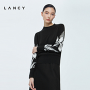 LANCY/朗姿羊毛针织衫2022冬季半高领黑色印女士花毛衣打底衫