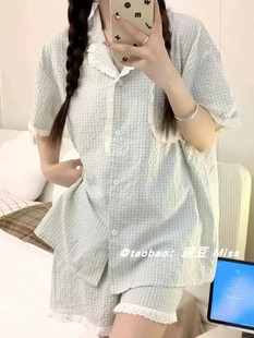韩国ins简约格子短袖短裤睡衣女，夏季甜美少女网红家居服套装
