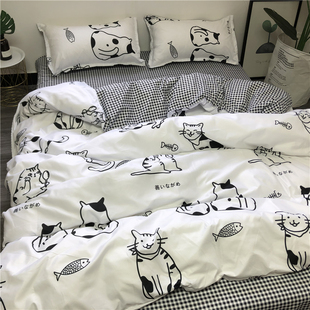 ins韩式卡通学生宿舍，三件套磨毛1.5四件套，可爱小猫咪被套床上用品