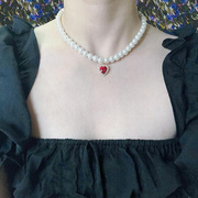 复古法式宫廷少女红宝石水钻包边爱心吊坠珍珠项链小众设计锁定制
